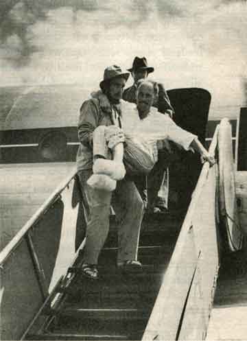 
Lionel Terray carrying Louis Lachenal from airplane on return from Annapurna 1950 - True Summit: What Really Happened On The Legendary Ascent Of Annapurna book
